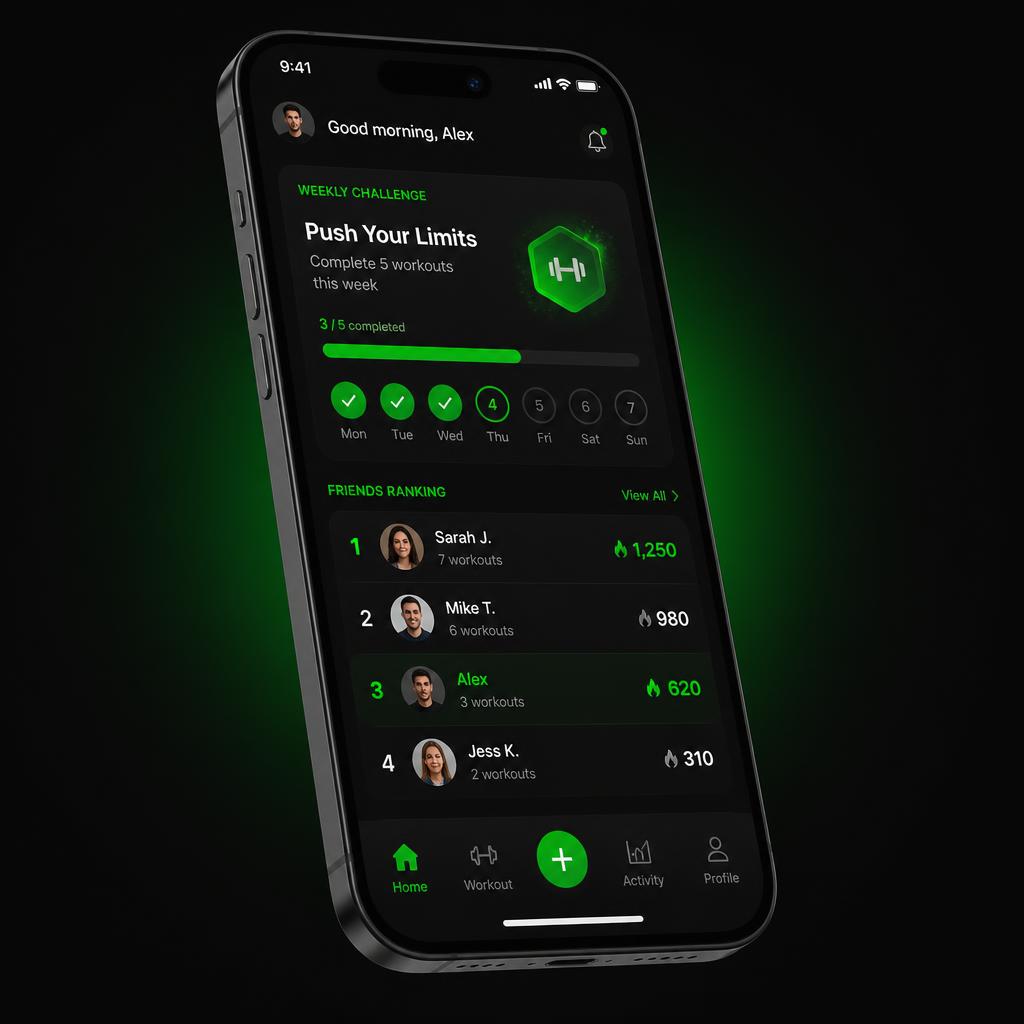 Mockup do aplicativo FitDevs mostrando desafios e ranking de treinos